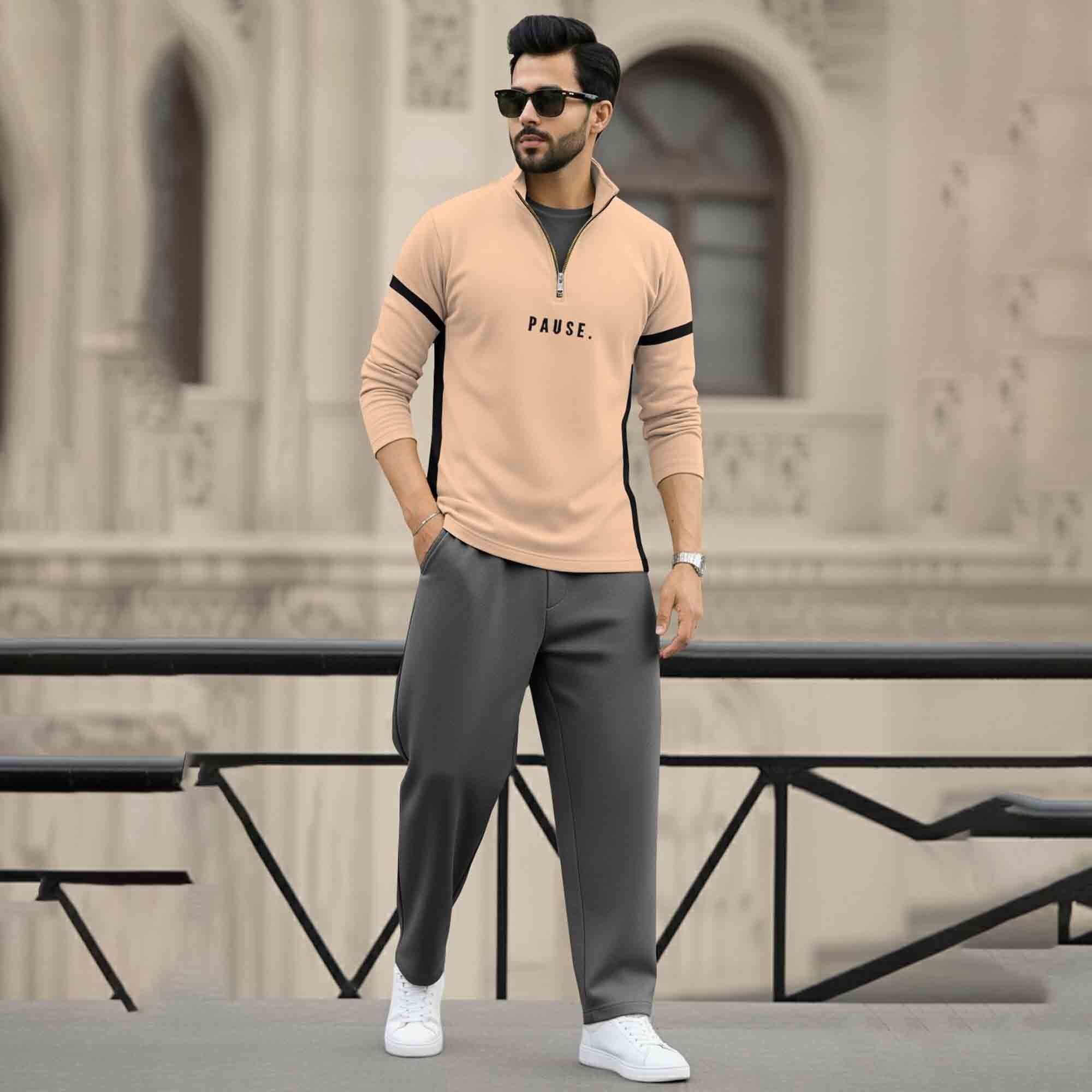 Men Full Sleeve High Neck Arm Striped Pause Printed T-shirt Beige-Black