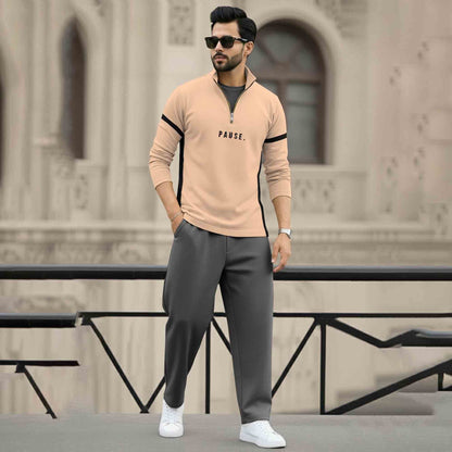 Men Full Sleeve High Neck Arm Striped Pause Printed T-shirt Beige-Black