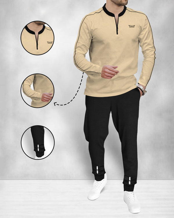 mens tracksuit full sleeve Henley neck Beige t-shirt & Black Jogger Pant