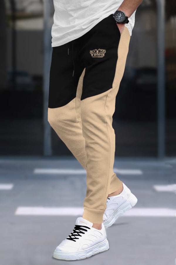 Men Colorblock Cotton BEIGE-Black Jogger TrackPant