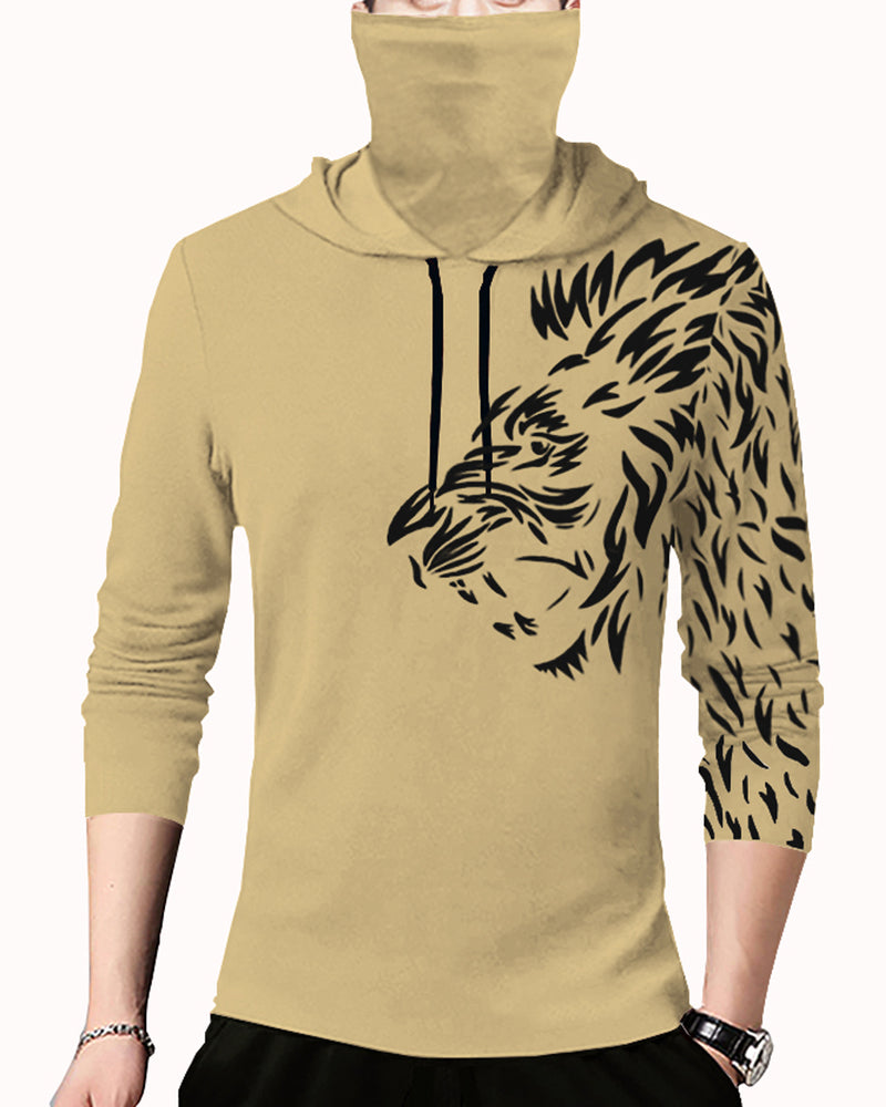 Men Printed Hooded Neck Cotton Blend Beige T-Shirt