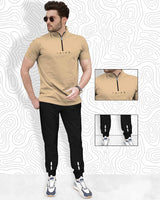 Men Tracksuit Set | Beige Zip Neck T-shirt | Black Trackpant