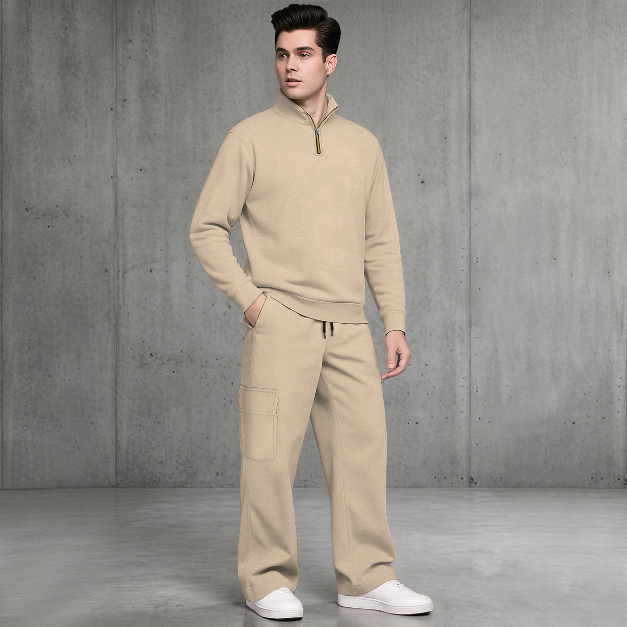 Mens Quarter-Zip High Neck Sweatshirt and Wide Leg Cargo Pant Tracksuit