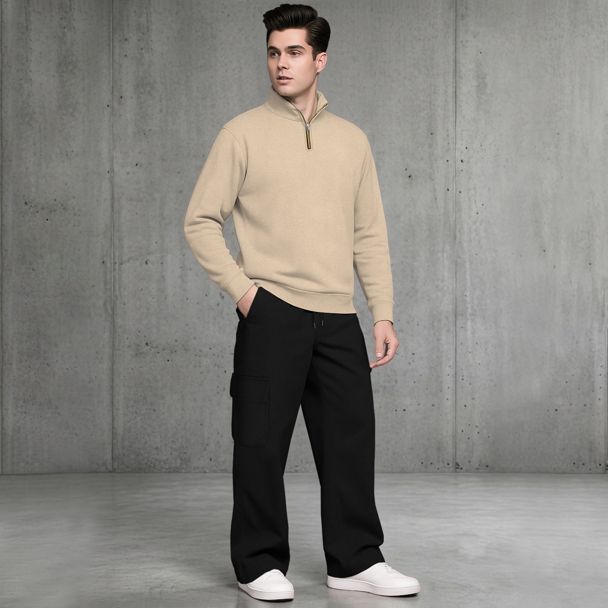 Mens Quarter-Zip High Neck Sweatshirt and Wide Leg Cargo Pant Tracksuit