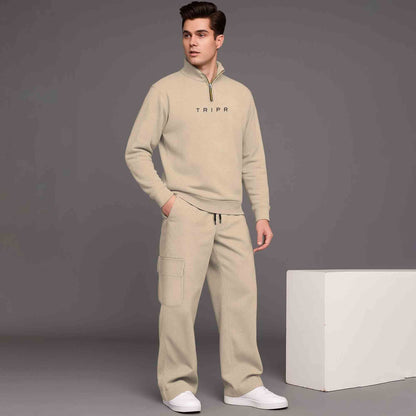 Olive Green High Neck Sweatshirt & Olivegreen Plain Baggy Cargo Tracksuit