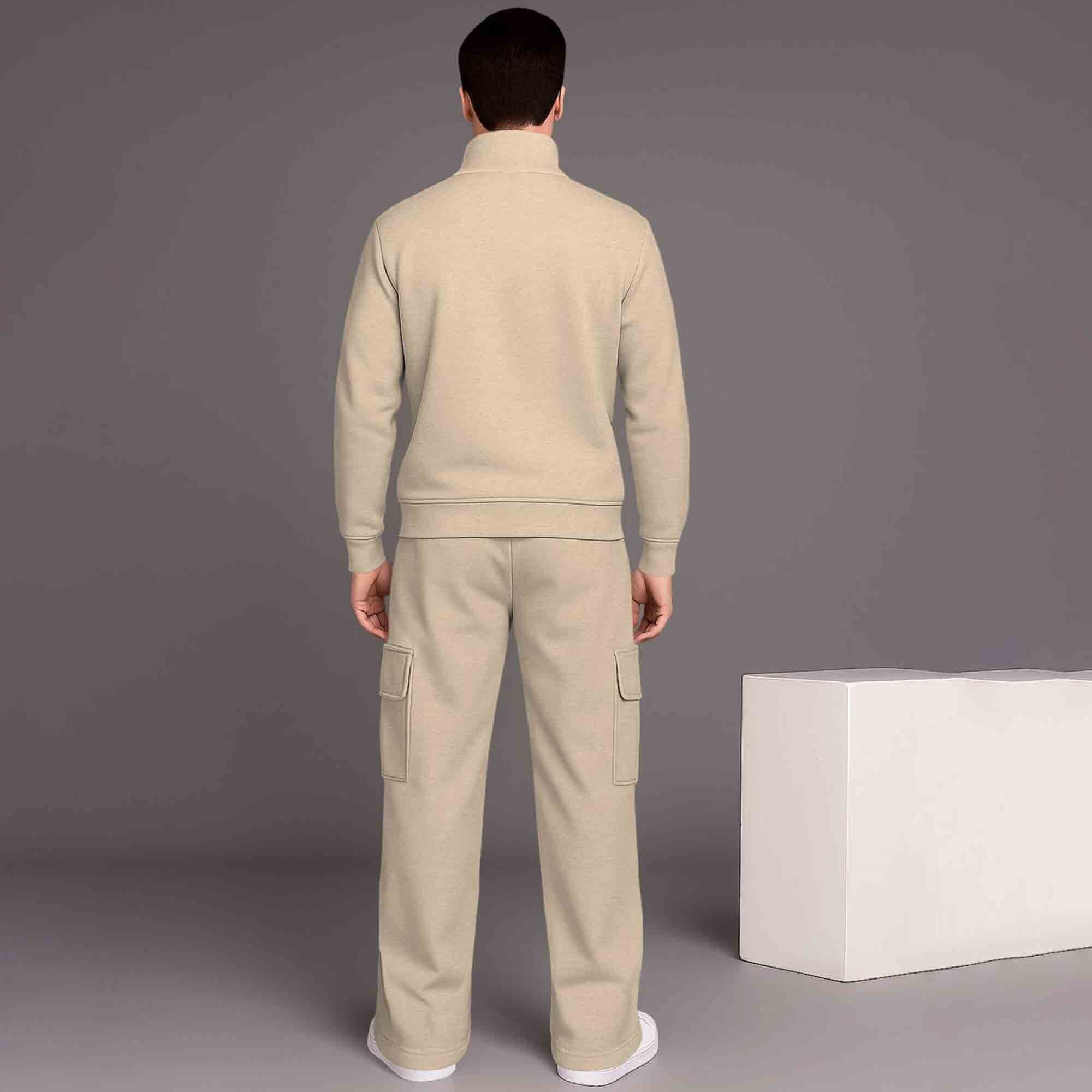 Beige Printed High Neck Sweatshirt and Cargo Plain Baggy Tracksuit