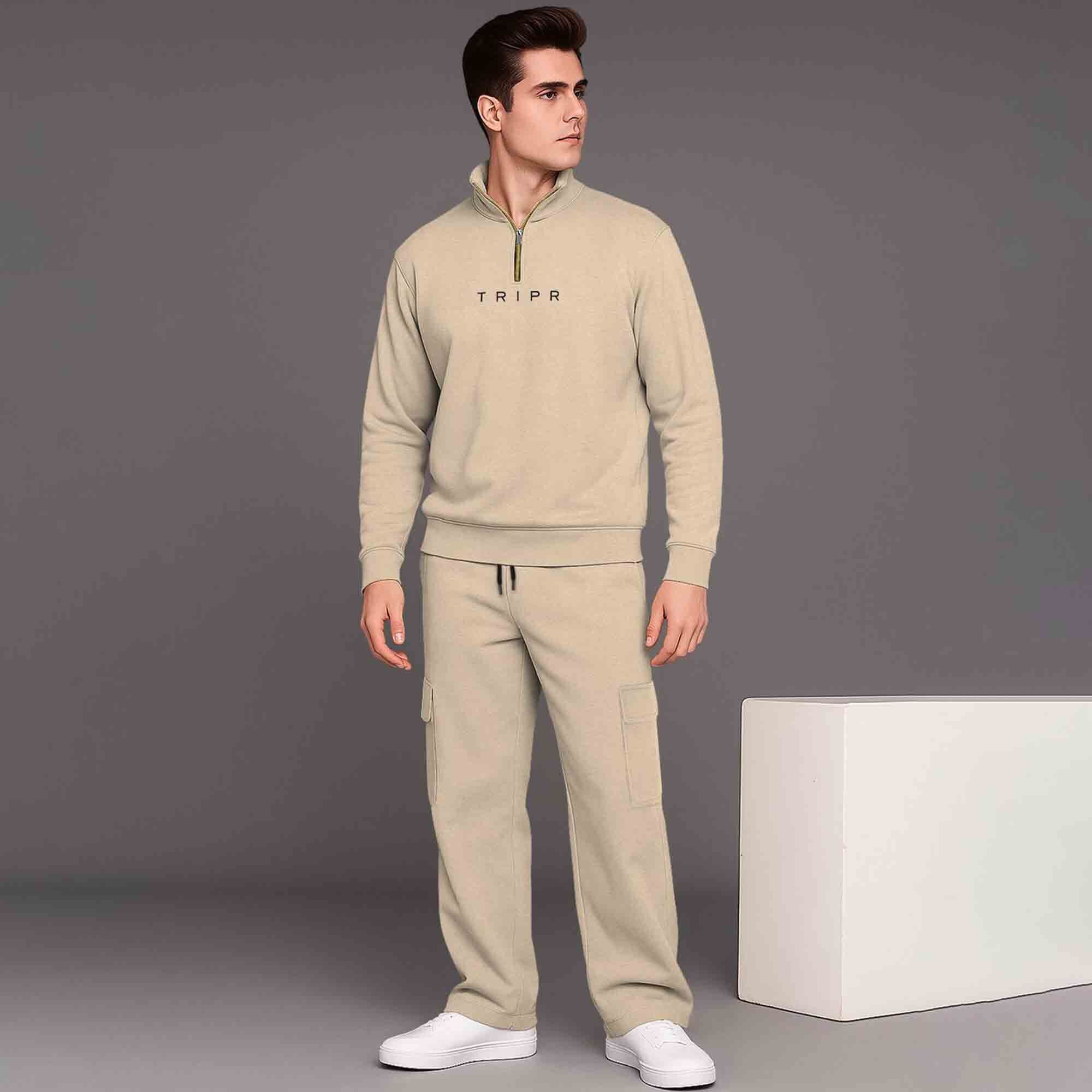 Beige Printed High Neck Sweatshirt and Cargo Plain Baggy Tracksuit