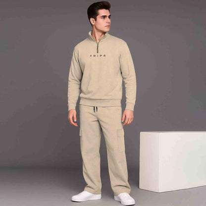 Beige Printed High Neck Sweatshirt and Cargo Plain Baggy Tracksuit