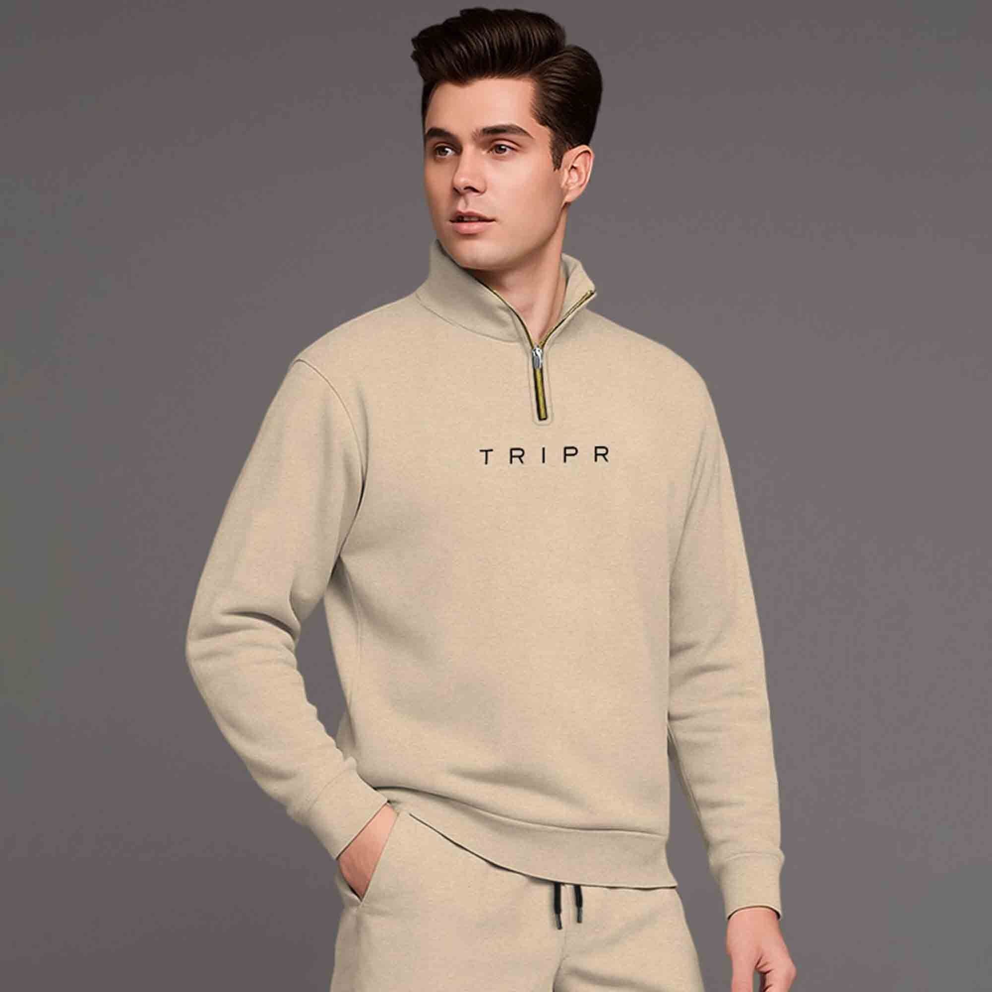 Beige Printed High Neck Sweatshirt and Cargo Plain Baggy Tracksuit