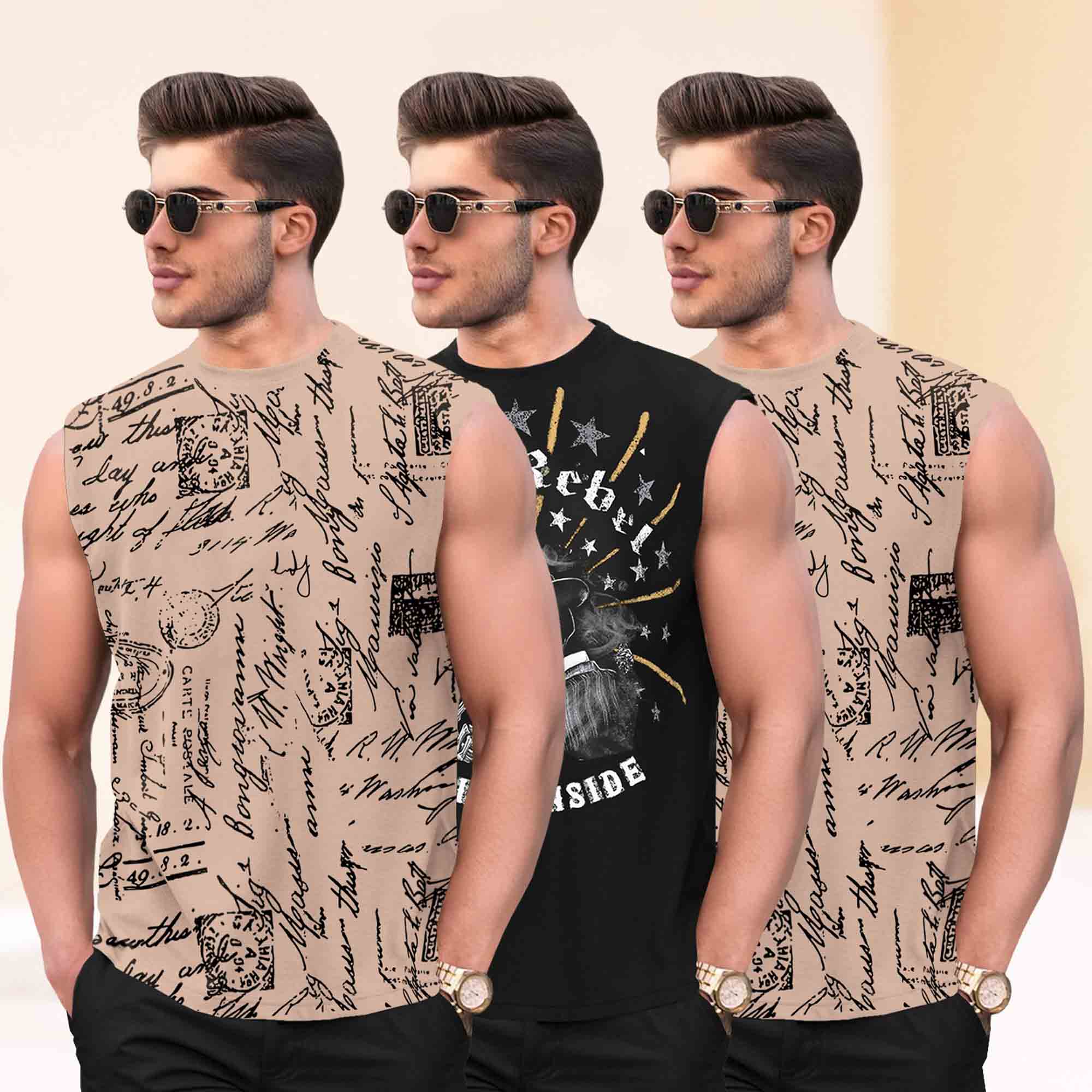 Pack Of 3 Black & Beige Round Neck Printed Sleeveless Vest Combo