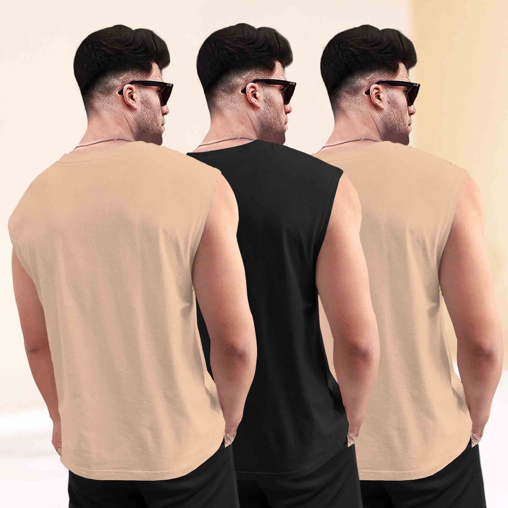 Pack Of 3 Black & Beige Round Neck Printed Sleeveless Vest Combo