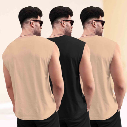 Pack Of 3 Black & Beige Round Neck Printed Sleeveless Vest Combo