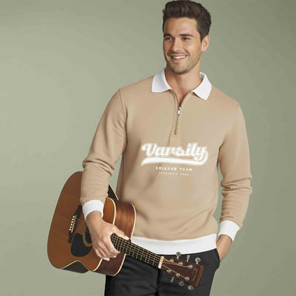 Polo Neck Quarter Zip Beige Sweatshirt