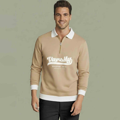 Polo Neck Quarter Zip Beige Sweatshirt