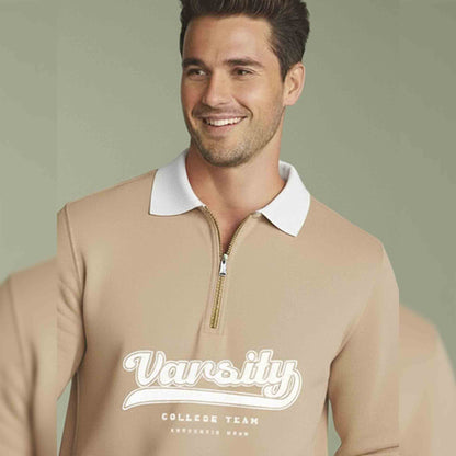 Polo Neck Quarter Zip Beige Sweatshirt