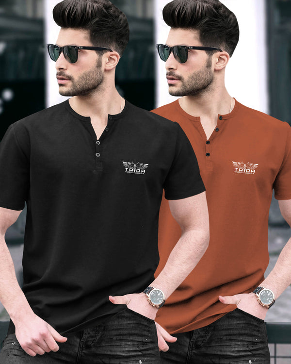 Pack of 2 Men Printed Henley Neck Cotton Blend Multicolor T-Shirt