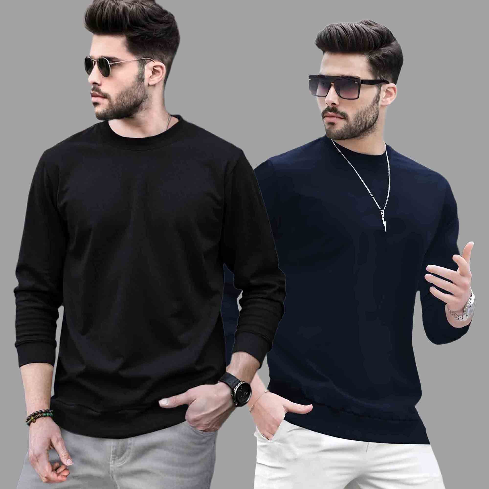 Pack Of 2 - Men Round Neck Full Sleeve Plain T-shirts - 12 Variants