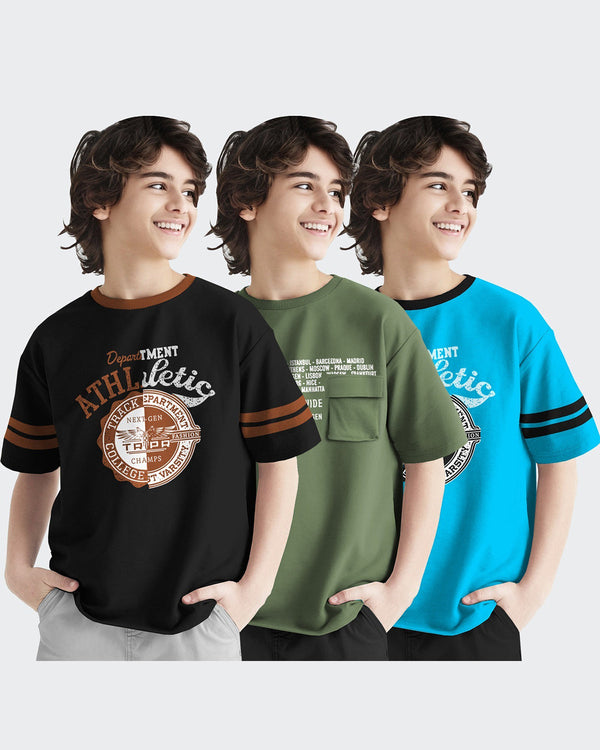 Pack of 3 Multicolor Kids T-Shirts Combo | Black-Olivegreen-Skyblue