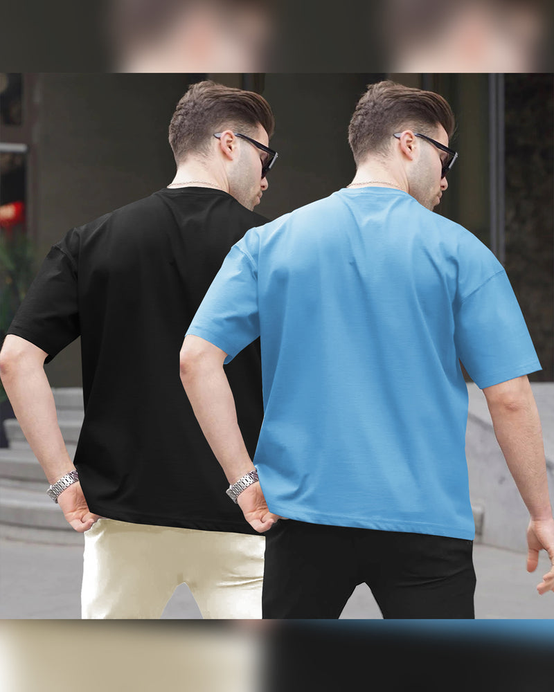 (Pack of 2) Men Oversized T-Shirt With Flap Pocket | Black & Skyblue