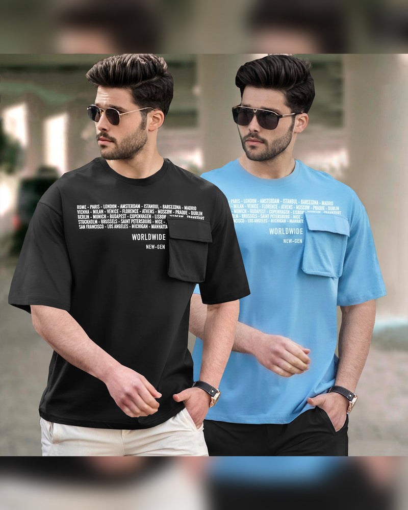 (Pack of 2) Men Oversized T-Shirt With Flap Pocket | Black & Skyblue