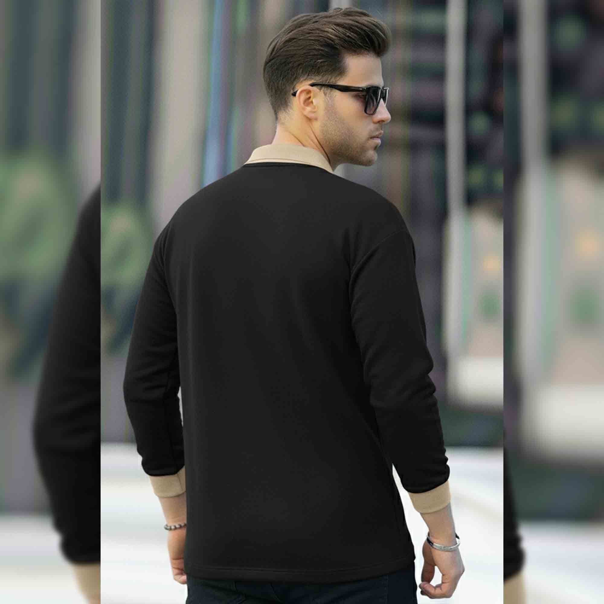Men Colorblock Polo Neck Full Sleeve T-Shirt Black & Beige