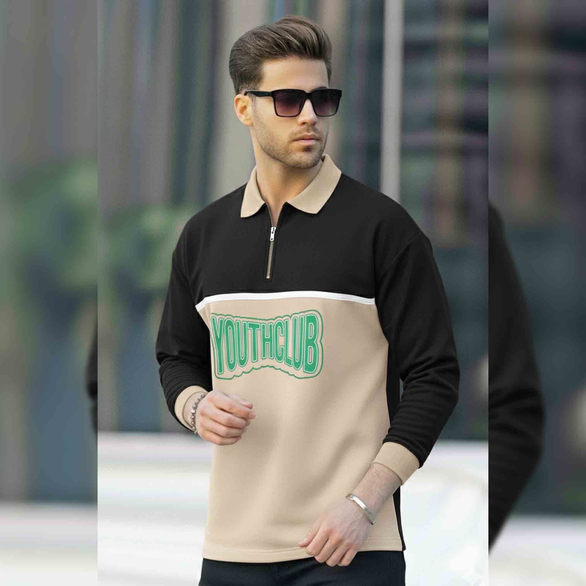 Men Colorblock Polo Neck Full Sleeve T-Shirt Black & Beige