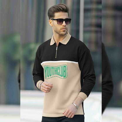 Men Colorblock Polo Neck Full Sleeve T-Shirt Black & Beige