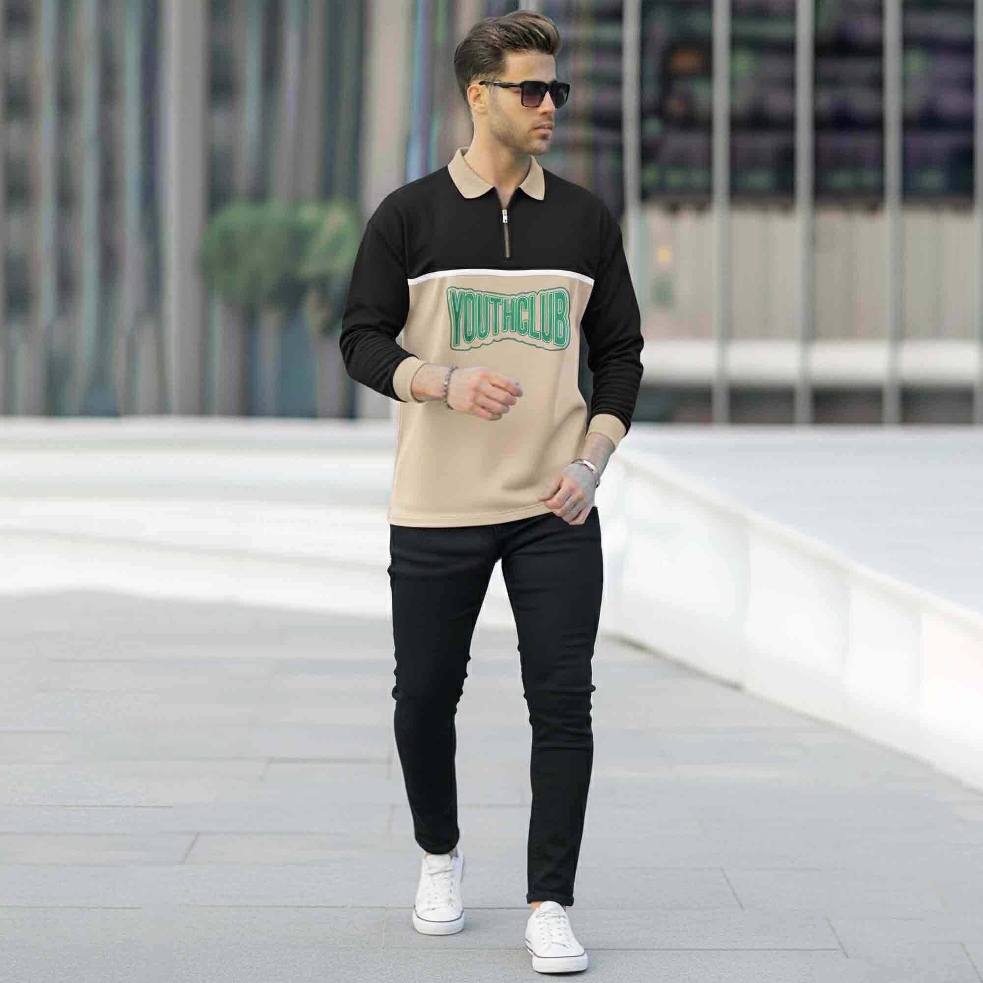 Men Colorblock Polo Neck Full Sleeve T-Shirt Black & Beige