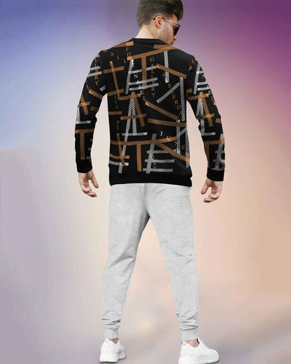 Tracksuit All Over Printed Full Sleeve T-shirt Black & Brown with Plain Grey Trackpant