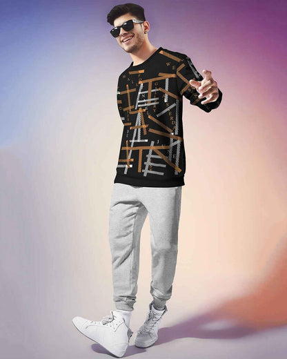 Tracksuit All Over Printed Full Sleeve T-shirt Black & Brown with Plain Grey Trackpant