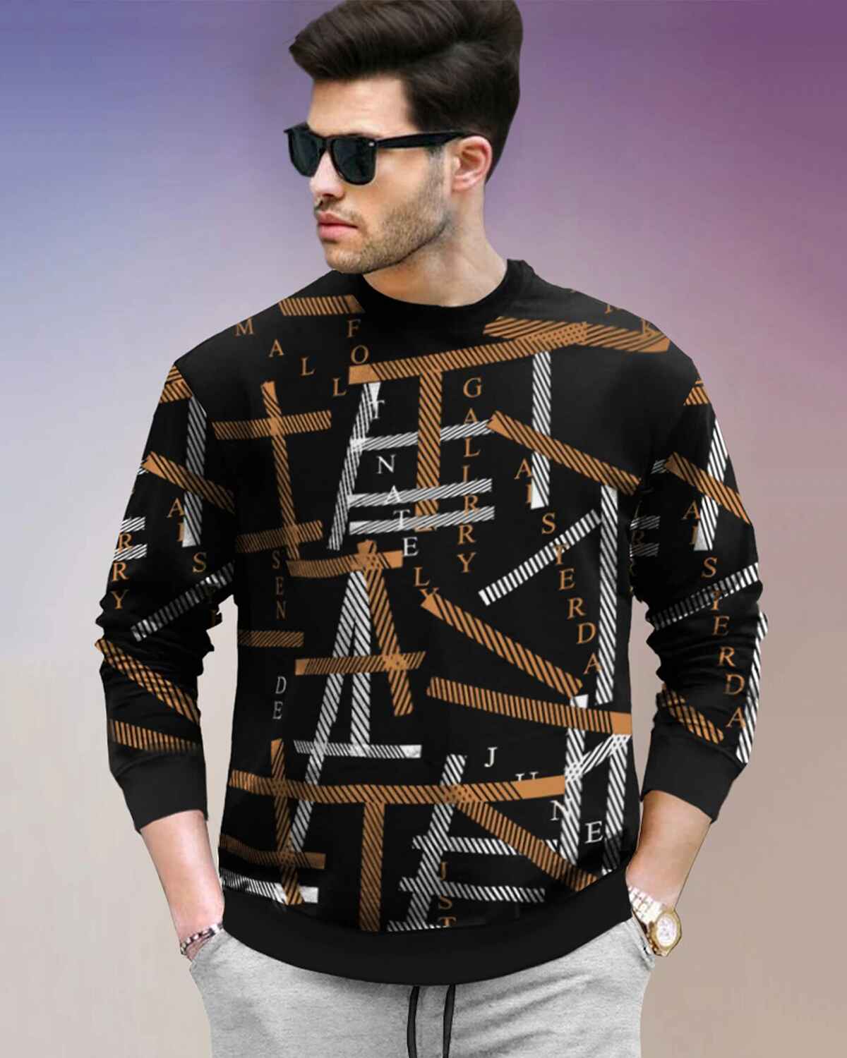 Tracksuit All Over Printed Full Sleeve T-shirt Black & Brown with Plain Grey Trackpant
