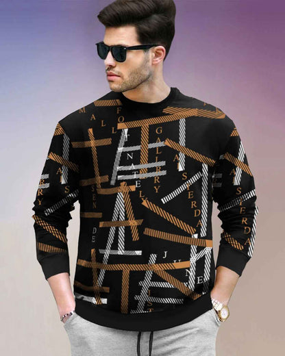 Tracksuit All Over Printed Full Sleeve T-shirt Black & Brown with Plain Grey Trackpant