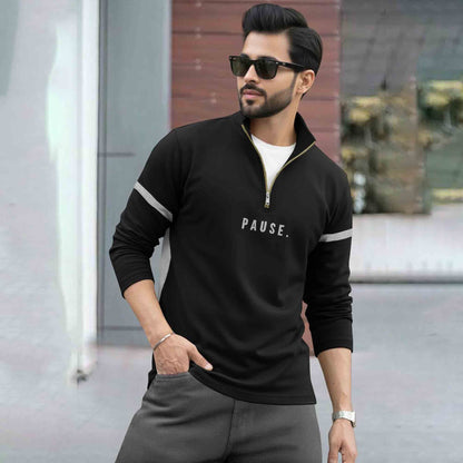 Men Full Sleeve High Neck Arm Striped Pause Printed T-shirt Black-Grey