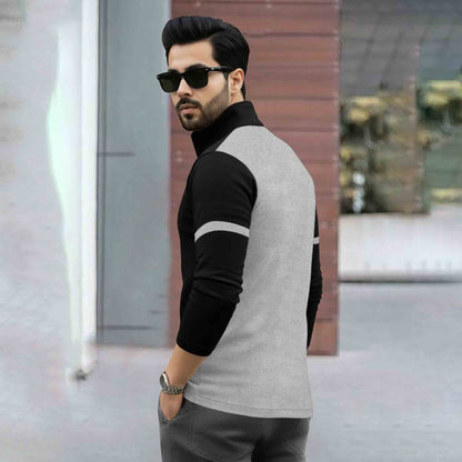 Men Full Sleeve High Neck Arm Striped Pause Printed T-shirt Black-Grey