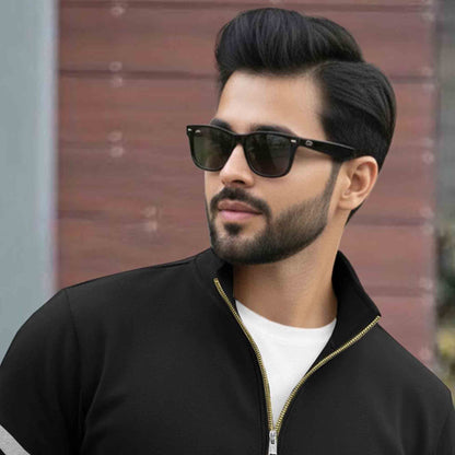 Men Full Sleeve High Neck Arm Striped Pause Printed T-shirt Black-Grey