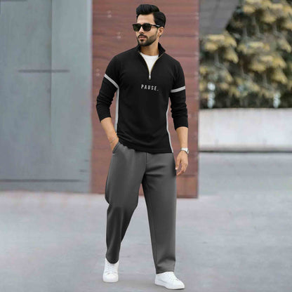 Men Full Sleeve High Neck Arm Striped Pause Printed T-shirt Black-Grey