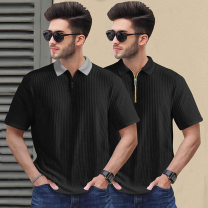 (Pack Of 2) Polo Waffle Grey & Black Textured T-shirts