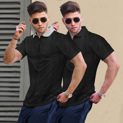 (Pack Of 2) Polo Waffle Grey & Black Textured T-shirts