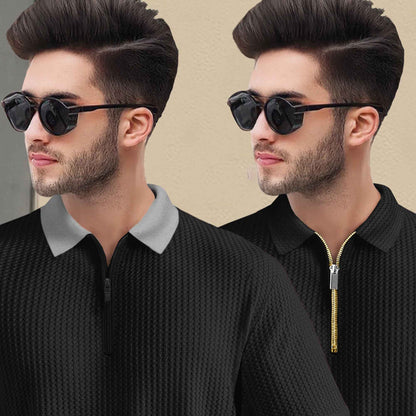 (Pack Of 2) Polo Waffle Grey & Black Textured T-shirts