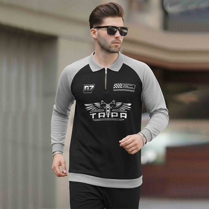 Men Colorblocked Winter Polo Neck Black Grey Sweatshirt