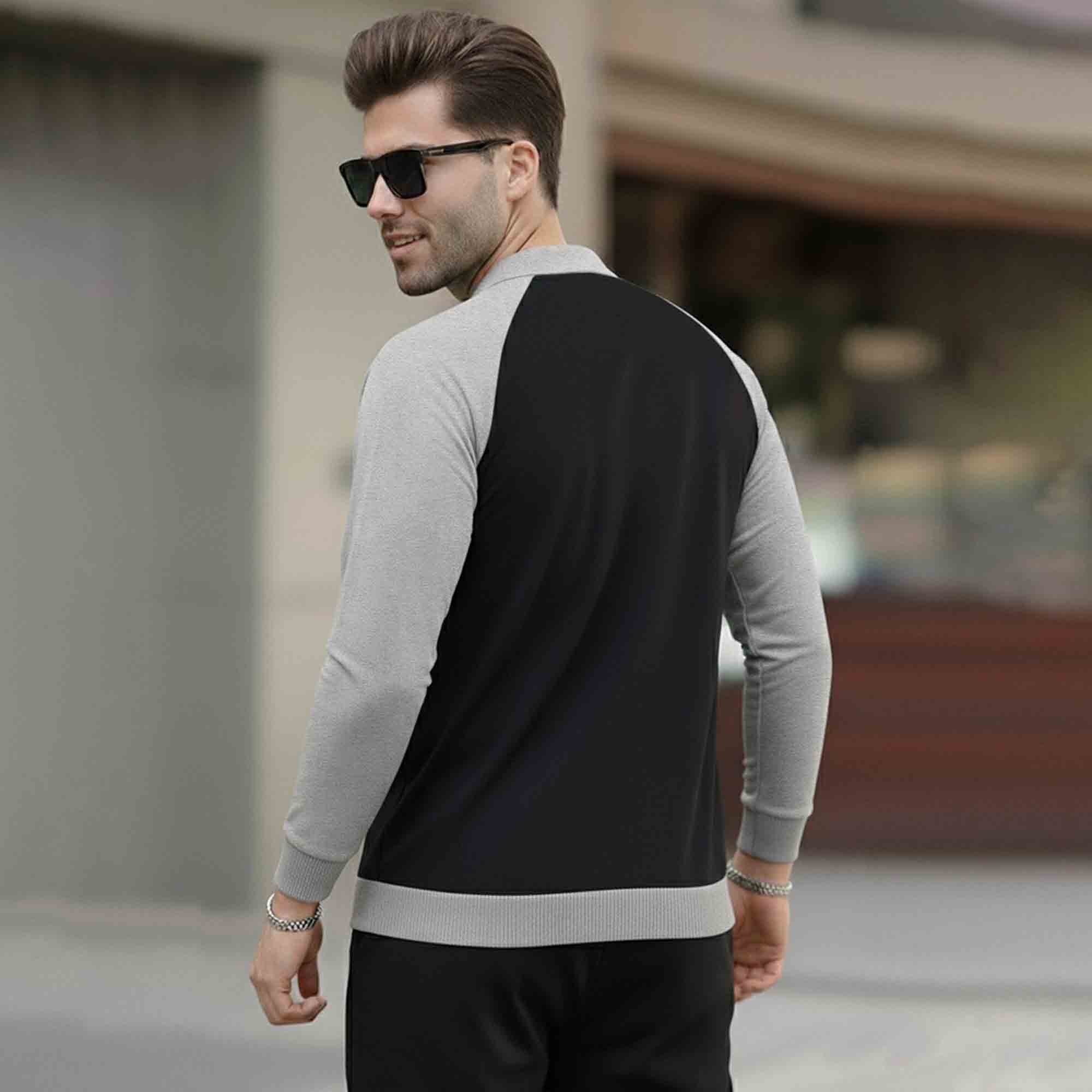 Men Colorblocked Winter Polo Neck Black Sweatshirt