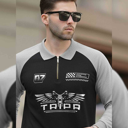 Men Colorblocked Winter Polo Neck Black Grey Sweatshirt