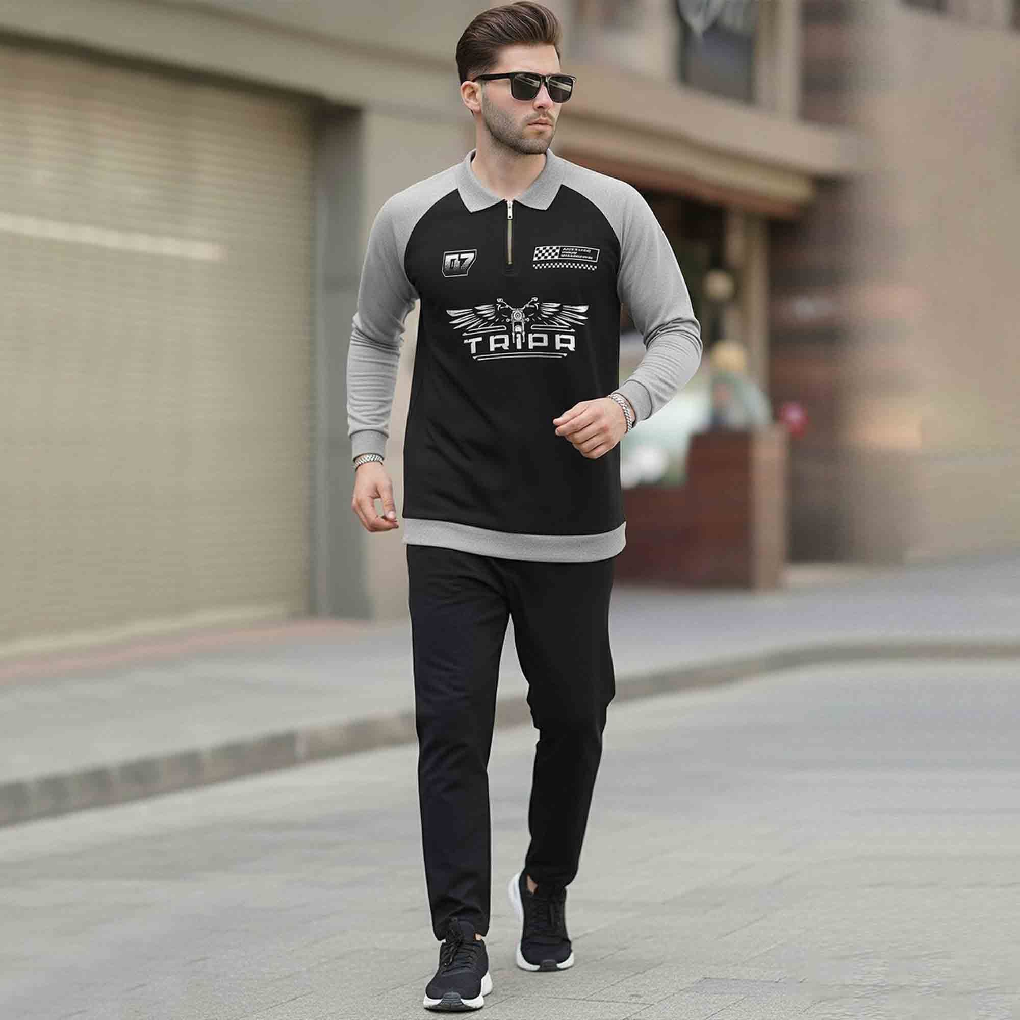 Men Colorblocked Winter Polo Neck Black Grey Sweatshirt
