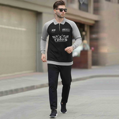 Men Colorblocked Winter Polo Neck Black Grey Sweatshirt