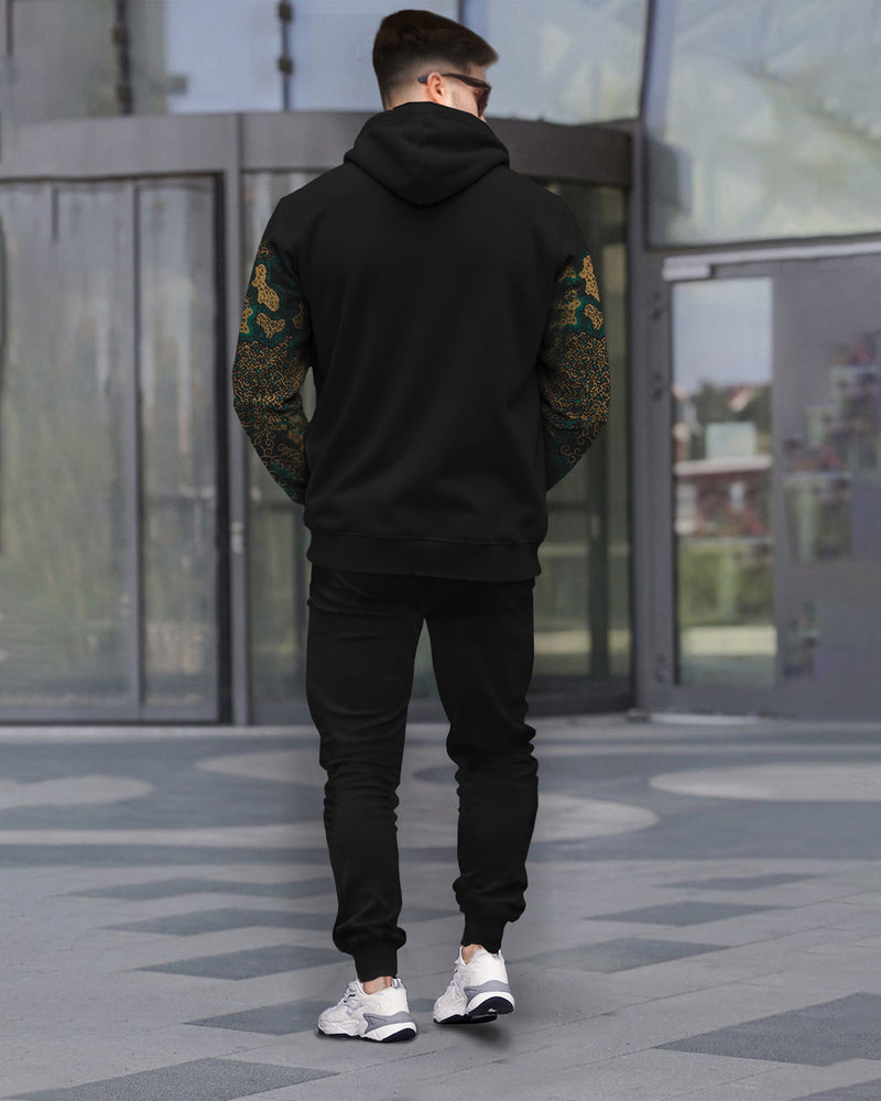 Printed Tracksuit For Men Black Hooded Sweatshirt & Black Trackpant