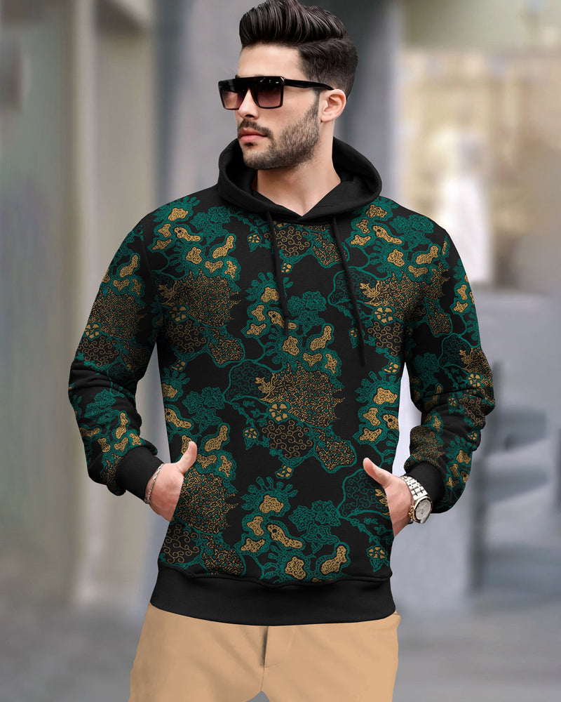 Printed Tracksuit For Men Black Hooded Sweatshirt & Black Trackpant