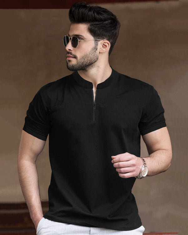 Half Sleeve Henley Neck Zip Type Plain T-shirt / Black