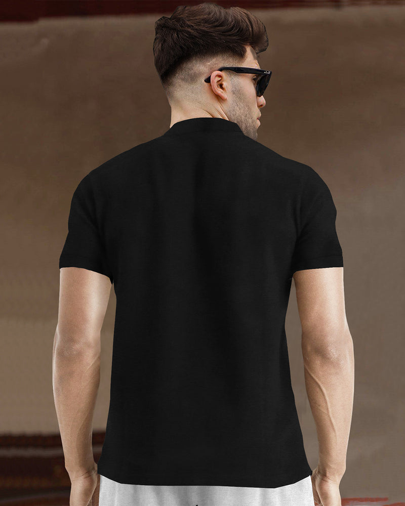 Half Sleeve Henley Neck Zip Type Plain T-shirt / Black