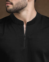 Half Sleeve Henley Neck Zip Type Plain T-shirt / Black