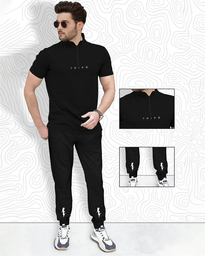 Tracksuit - BLACK Zipper High Neck T-shirt & Jogger Pant